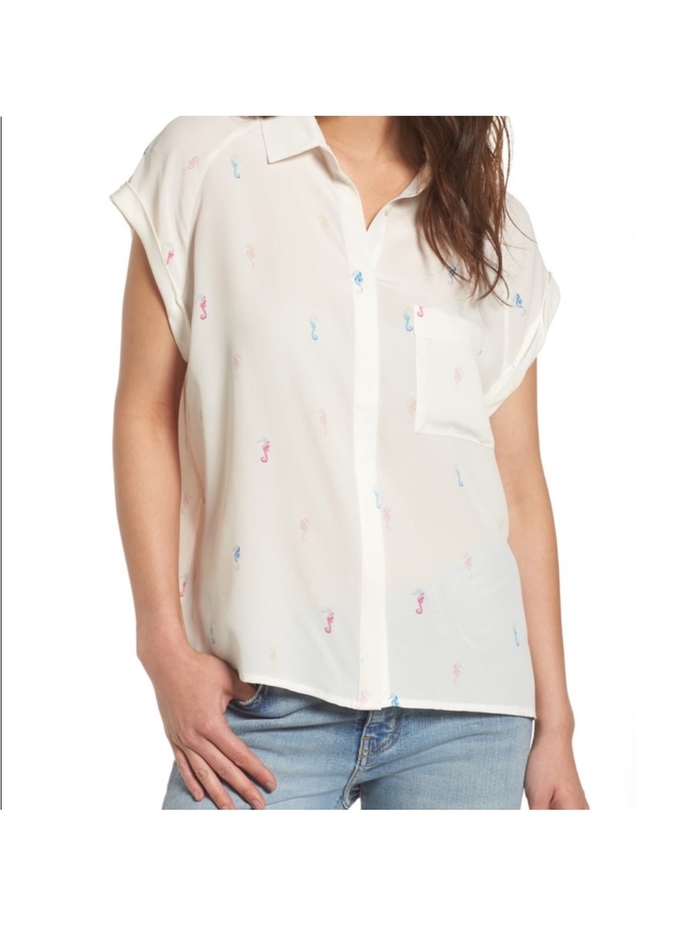 Rails Chase Seahorses 100% Silk Button Front Shirt Size Large Coastal Print